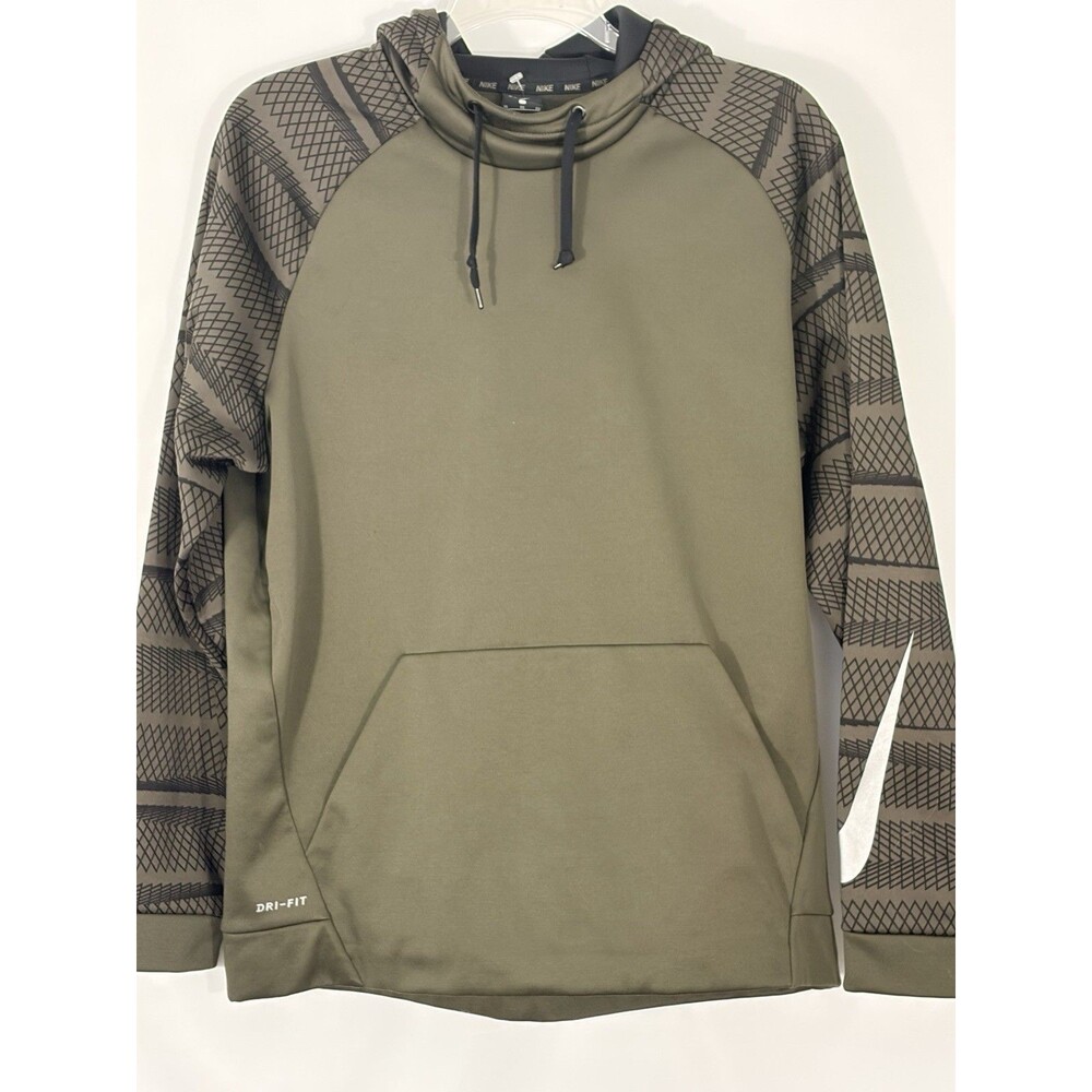 Nike Men Dri Fit Olive Green Hoodie Sweatshirt. Geometric Design Front Pocket XL